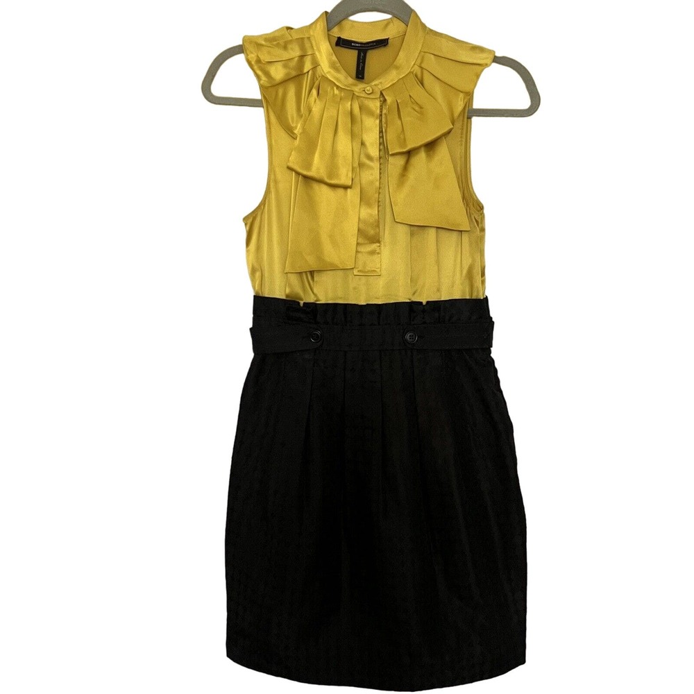 BCBG Maxazria Office to Cocktail Gold & Black Ruffled Sleeveless Dress - Size 2